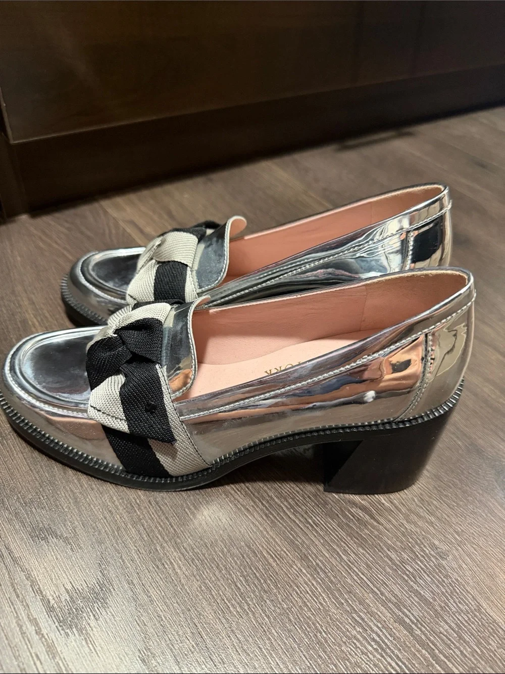 kate spade Metallic Silver Loafers with Black & Beige Bow Accent